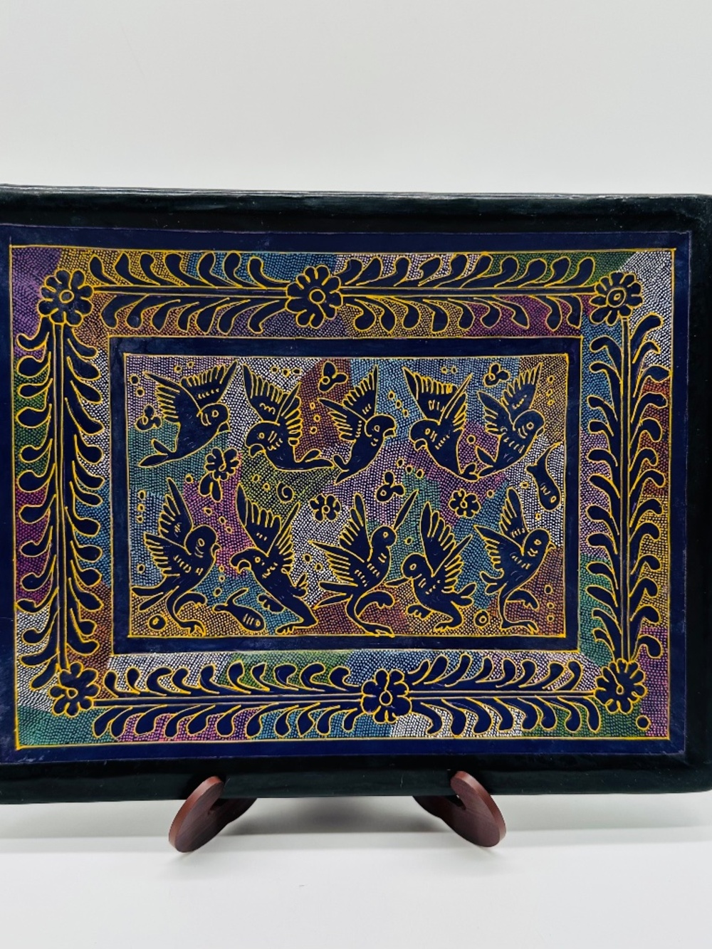 VTG Mexican Olinala Lacquer Wood Tray Hand Painted Folk Art Birds Floral Blue